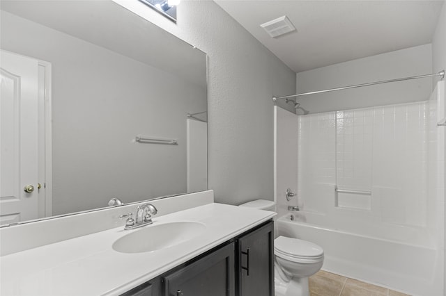 full bathroom featuring vanity, shower / washtub combination, toilet, and tile patterned flooring