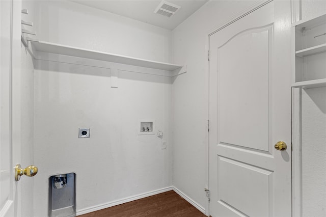 laundry room with hookup for an electric dryer, dark hardwood / wood-style floors, and washer hookup