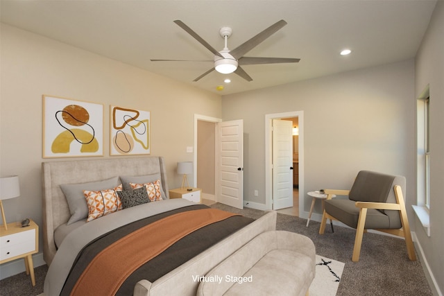 bedroom with carpet floors and ceiling fan