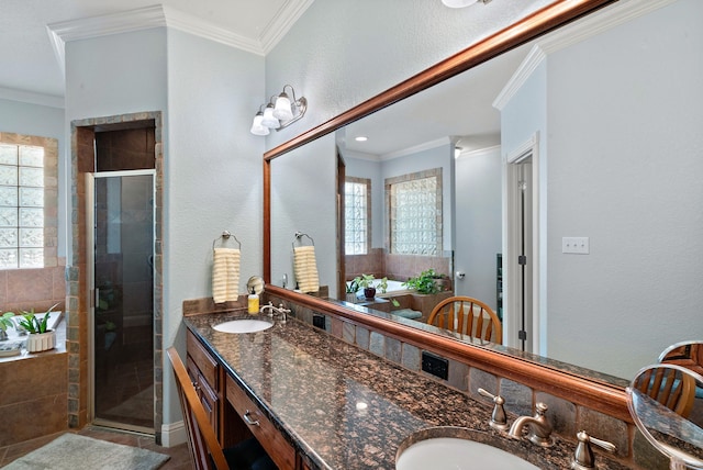 bathroom featuring vanity, crown molding, tile patterned floors, and walk in shower