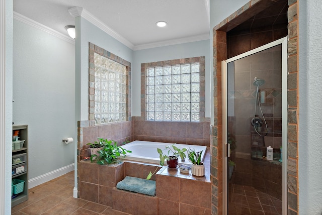 bathroom with ornamental molding, tile patterned flooring, and plus walk in shower