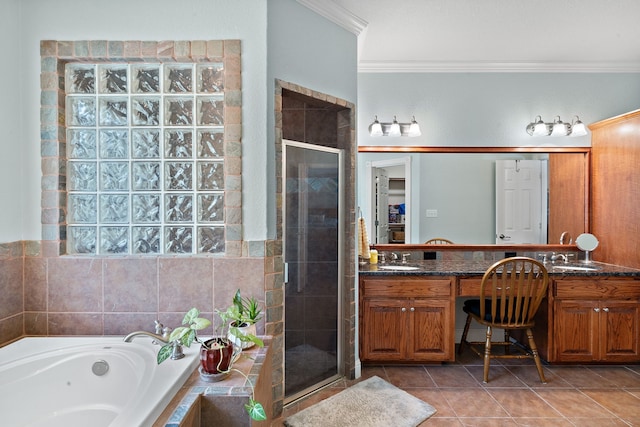 bathroom featuring vanity, crown molding, separate shower and tub, and tile patterned flooring