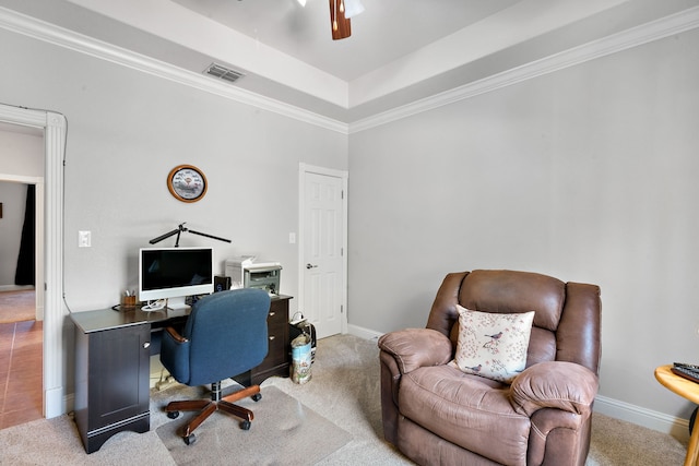 carpeted office featuring ceiling fan and ornamental molding