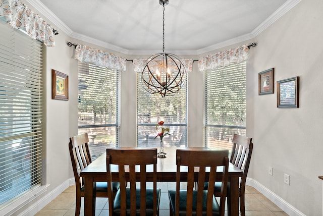 dining space featuring crown molding, light tile patterned flooring, and a notable chandelier