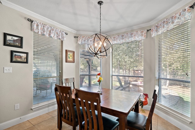 tiled dining area with ornamental molding and an inviting chandelier