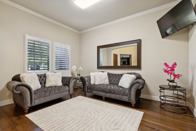 living room with crown molding and dark hardwood / wood-style flooring