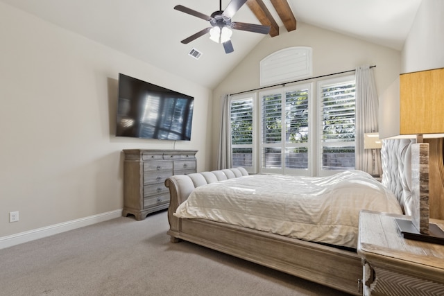 carpeted bedroom featuring beamed ceiling, ceiling fan, and high vaulted ceiling