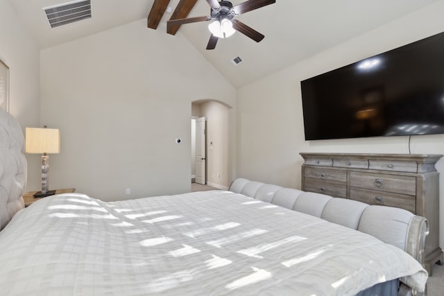 bedroom with beam ceiling, ceiling fan, and high vaulted ceiling