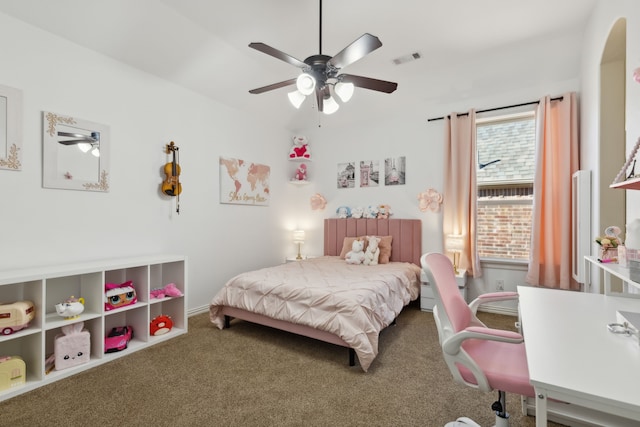 bedroom featuring ceiling fan and carpet floors