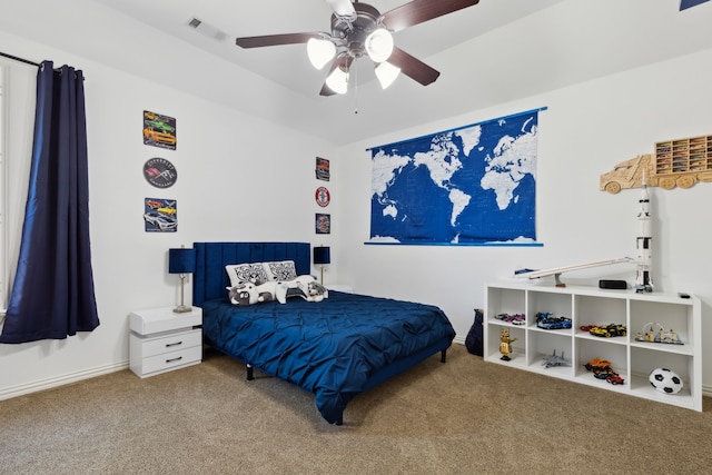 bedroom featuring ceiling fan and carpet floors