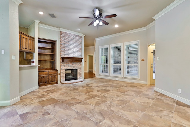 unfurnished living room with crown molding, a brick fireplace, and ceiling fan