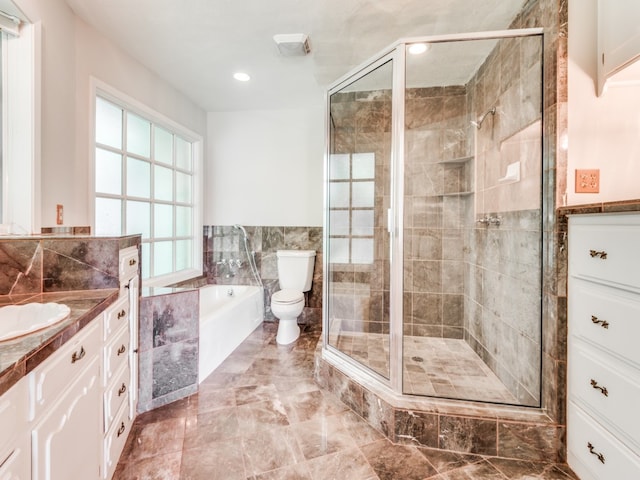 full bathroom featuring vanity, toilet, and separate shower and tub