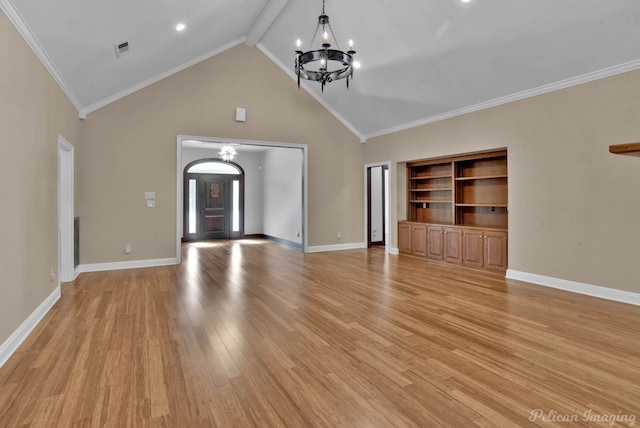 unfurnished living room with high vaulted ceiling, a notable chandelier, ornamental molding, beamed ceiling, and light wood-type flooring