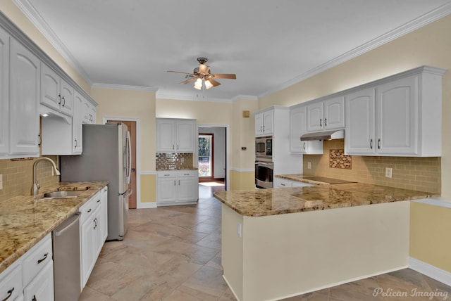 kitchen with white cabinetry, appliances with stainless steel finishes, sink, and kitchen peninsula