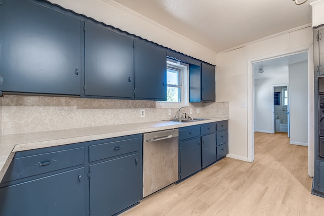 kitchen featuring decorative backsplash, blue cabinetry, light hardwood / wood-style flooring, dishwasher, and sink