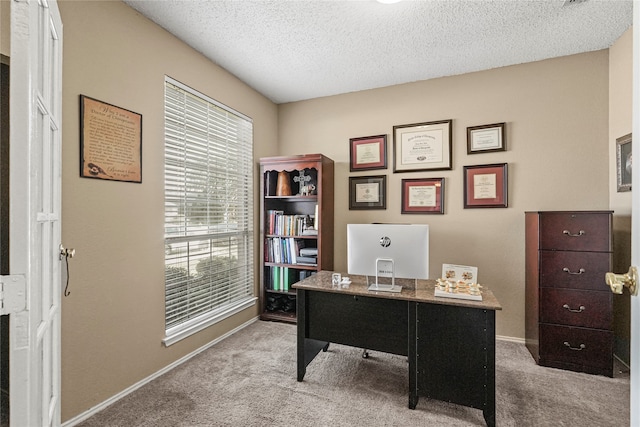 carpeted office with a textured ceiling