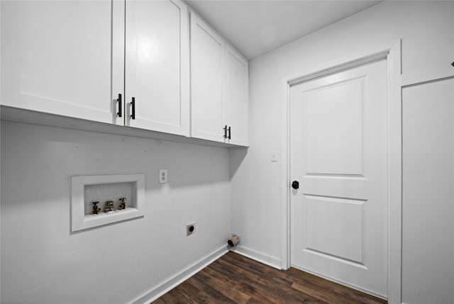 washroom with cabinets, hookup for a washing machine, dark hardwood / wood-style floors, and electric dryer hookup