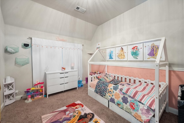 carpeted bedroom featuring lofted ceiling