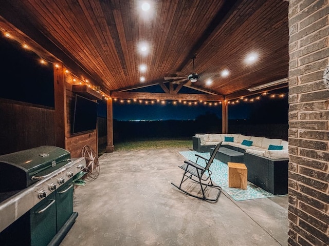 view of patio / terrace with an outdoor kitchen, ceiling fan, and an outdoor hangout area