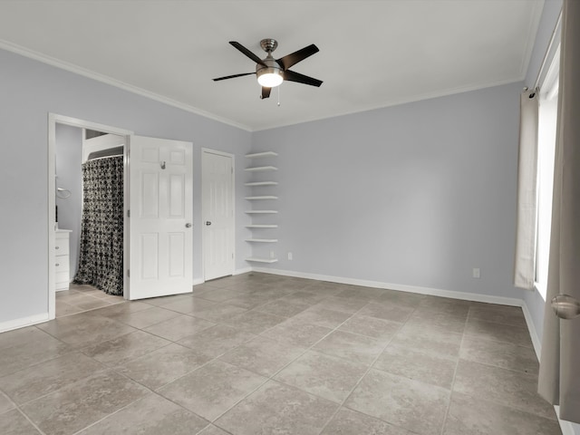 unfurnished bedroom with ornamental molding, light tile patterned floors, connected bathroom, and ceiling fan