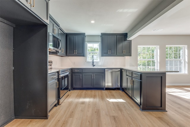 kitchen featuring sink, appliances with stainless steel finishes, light hardwood / wood-style flooring, and kitchen peninsula