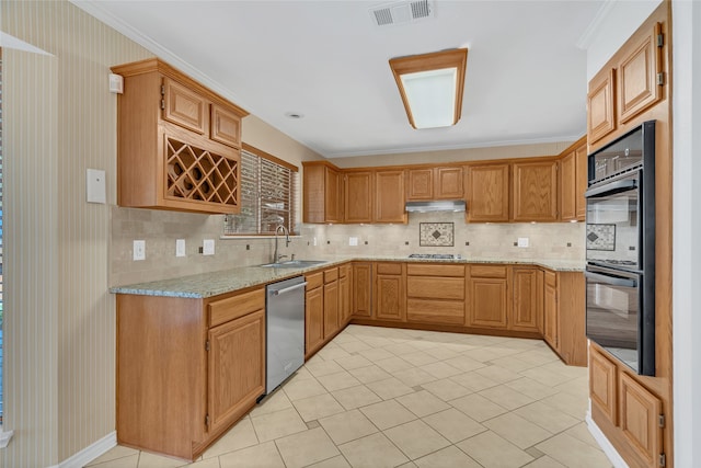 kitchen featuring sink, stainless steel appliances, light stone counters, and crown molding