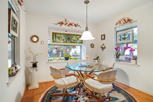 dining area with wood-type flooring and a healthy amount of sunlight