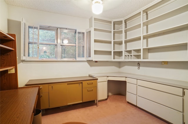 unfurnished office with built in desk, light carpet, and a textured ceiling