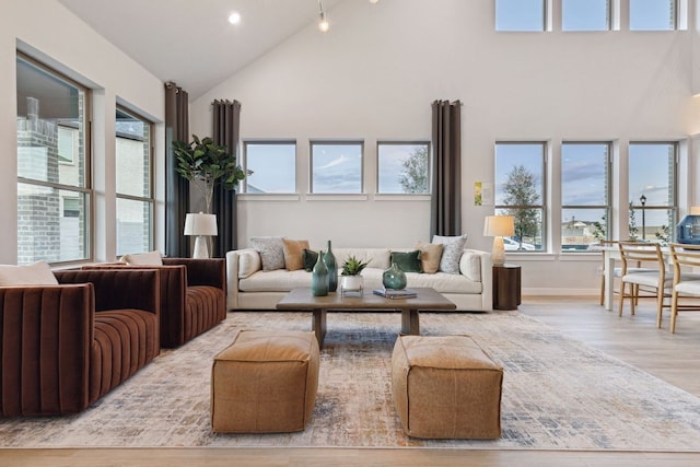 living room with light hardwood / wood-style floors, high vaulted ceiling, and a wealth of natural light