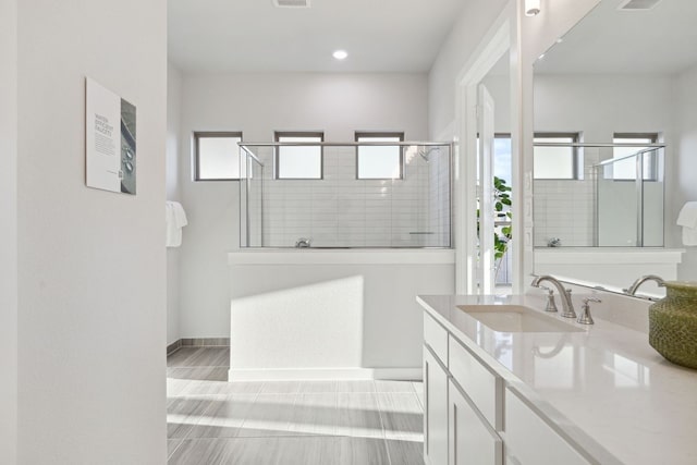 bathroom with vanity, a shower with shower door, and a healthy amount of sunlight