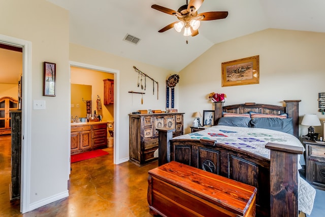 565 Turkey Ridge Rd, Stephenville, TX 76401 - bedroom featuring concrete floors, lofted ceiling, connected bathroom, ceiling fan, and baseboards