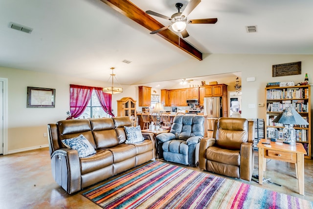 living room featuring lofted ceiling with beams and ceiling fan