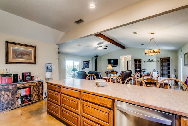 565 Turkey Ridge Rd, Stephenville, TX 76401 - kitchen with dishwasher, open floor plan, a wood stove, finished concrete flooring, and a ceiling fan