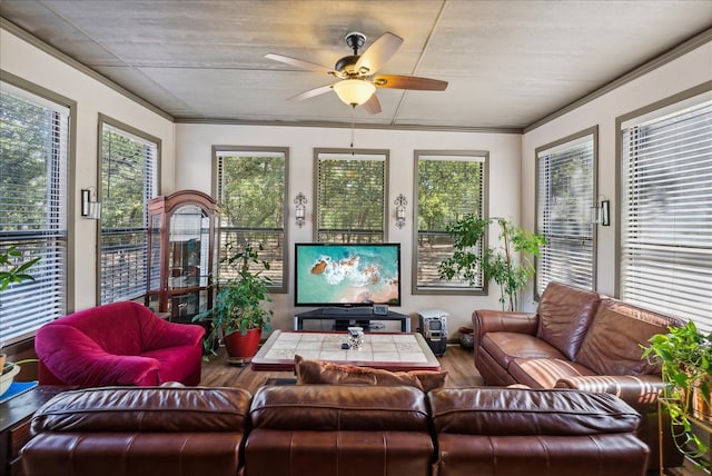 sunroom with ceiling fan