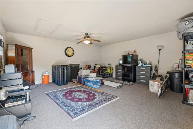 interior space with carpet and ceiling fan