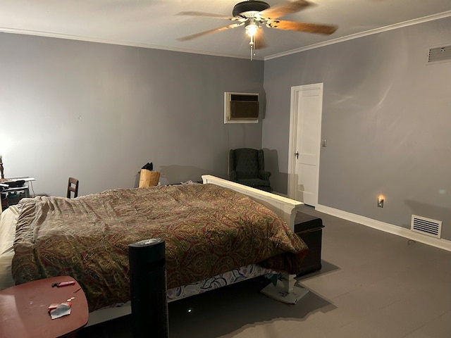 bedroom with ceiling fan, crown molding, and a wall mounted AC