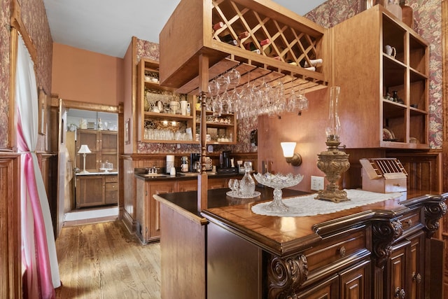 bar featuring dark brown cabinetry and light wood-type flooring