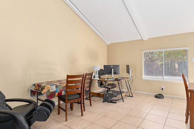 office area featuring beam ceiling, high vaulted ceiling, and light tile patterned floors