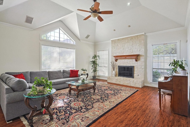 living room featuring a stone fireplace, dark hardwood / wood-style flooring, and a wealth of natural light