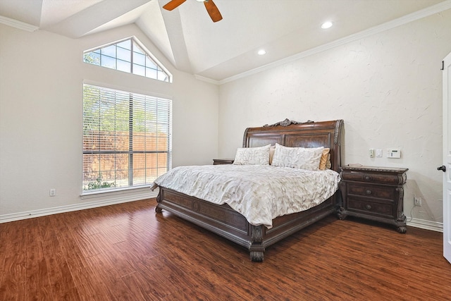 bedroom with ceiling fan, dark hardwood / wood-style flooring, lofted ceiling, and multiple windows