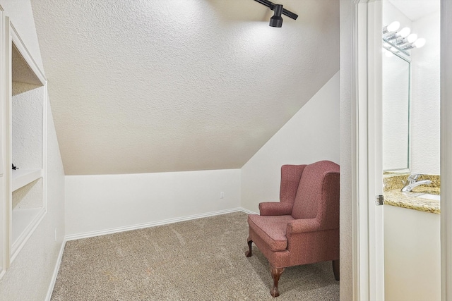 living area with a textured ceiling, carpet floors, and vaulted ceiling