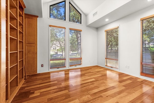 spare room with lofted ceiling and wood-type flooring