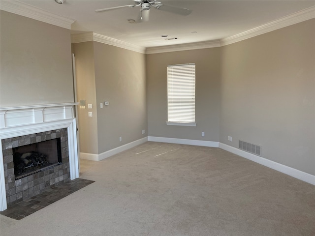 unfurnished living room featuring crown molding and light colored carpet