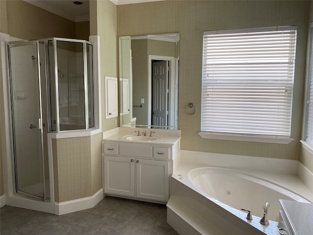 bathroom featuring vanity, crown molding, plus walk in shower, and tile patterned flooring