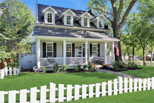 cape cod-style house with a front lawn and covered porch