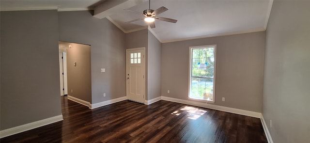 entrance foyer featuring ornamental molding, ceiling fan, vaulted ceiling with beams, and dark hardwood / wood-style flooring