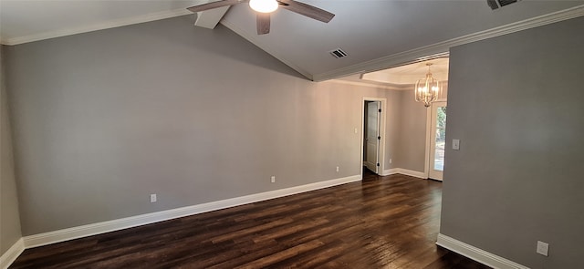 empty room with crown molding, vaulted ceiling with beams, ceiling fan with notable chandelier, and dark hardwood / wood-style flooring