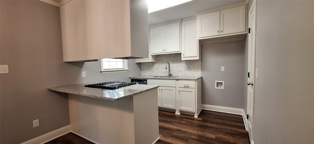 kitchen with tasteful backsplash, light stone countertops, sink, white cabinetry, and dark wood-type flooring