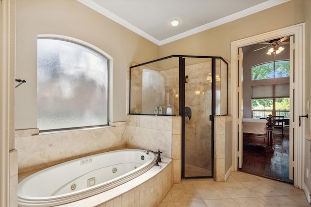 bathroom featuring tile patterned flooring, ceiling fan, ornamental molding, and separate shower and tub