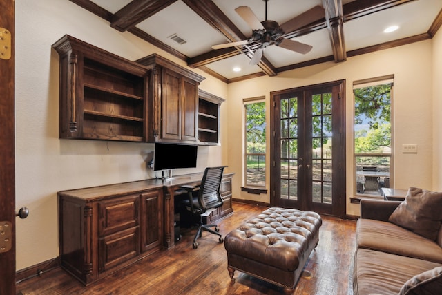 home office featuring built in desk, beam ceiling, and dark wood-type flooring